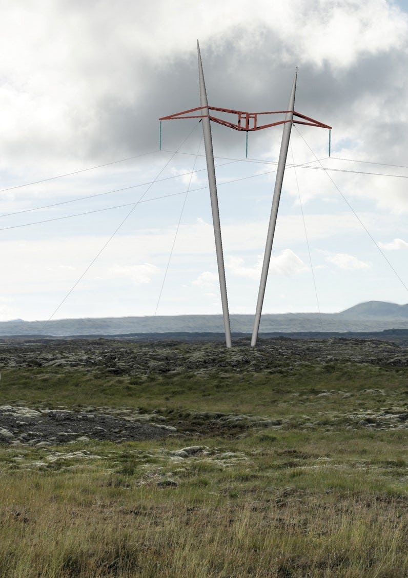 A single transmission tower on a green moss field, under cloudy sky